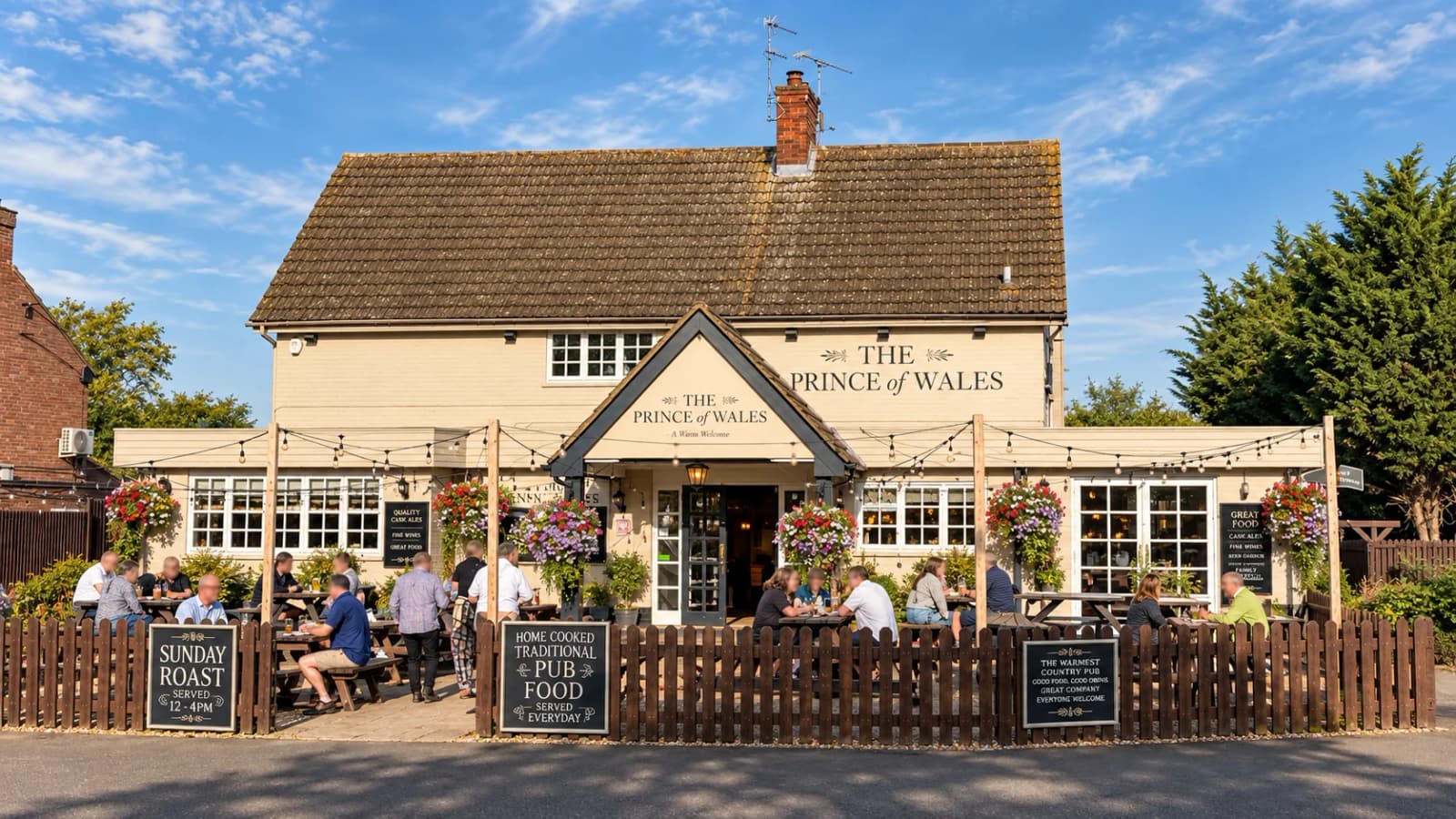 The Prince of Wales frontage with terrace seating and hanging baskets