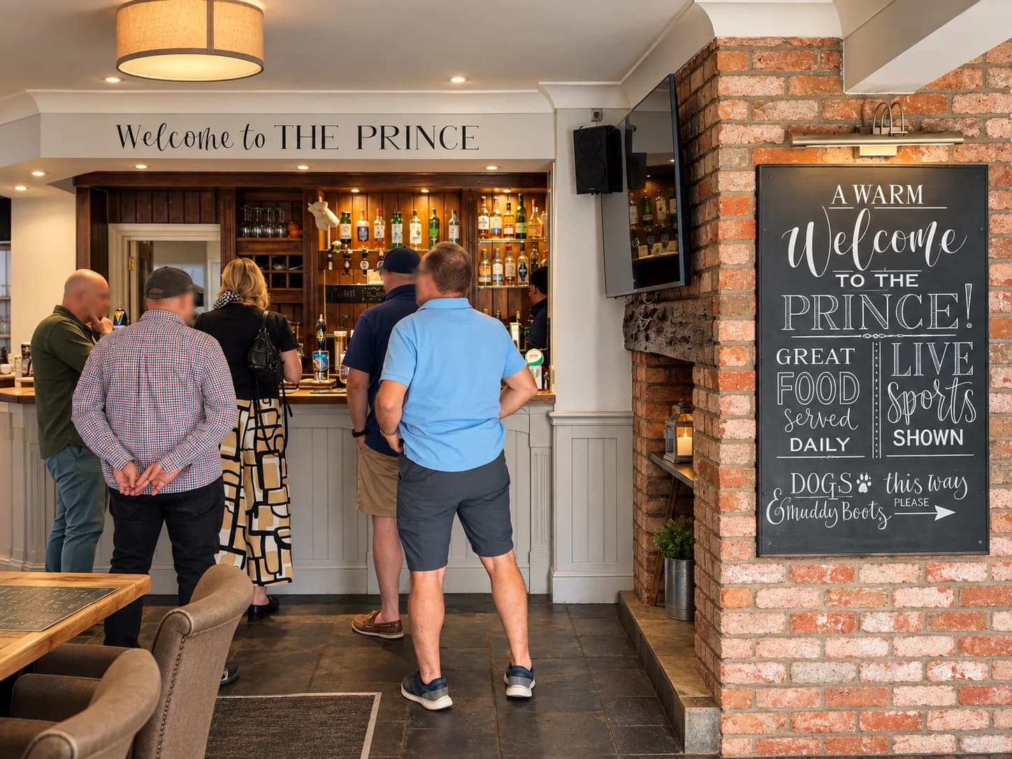 Guests at the bar beside the welcome chalkboard at The Prince of Wales
