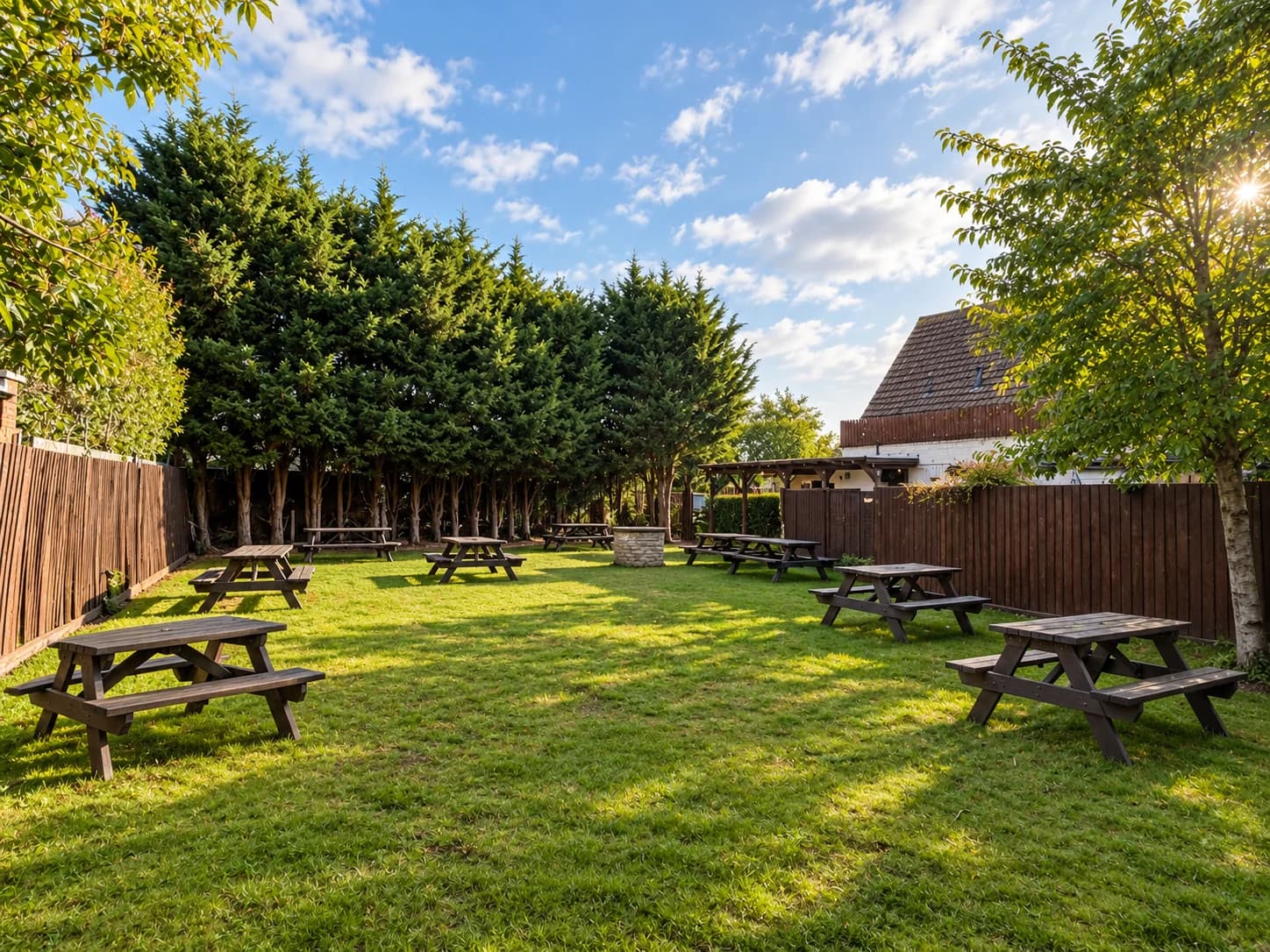 Picnic tables on the lawn in The Prince of Wales beer garden